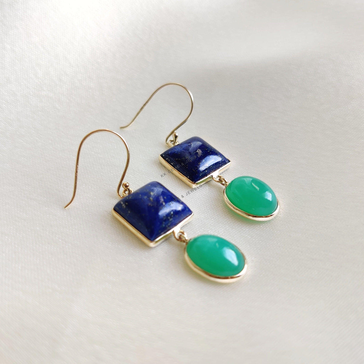 14K Solid Yellow Gold Natural Lapis Lazuli & Chrysoprase Earrings, September Birthstone