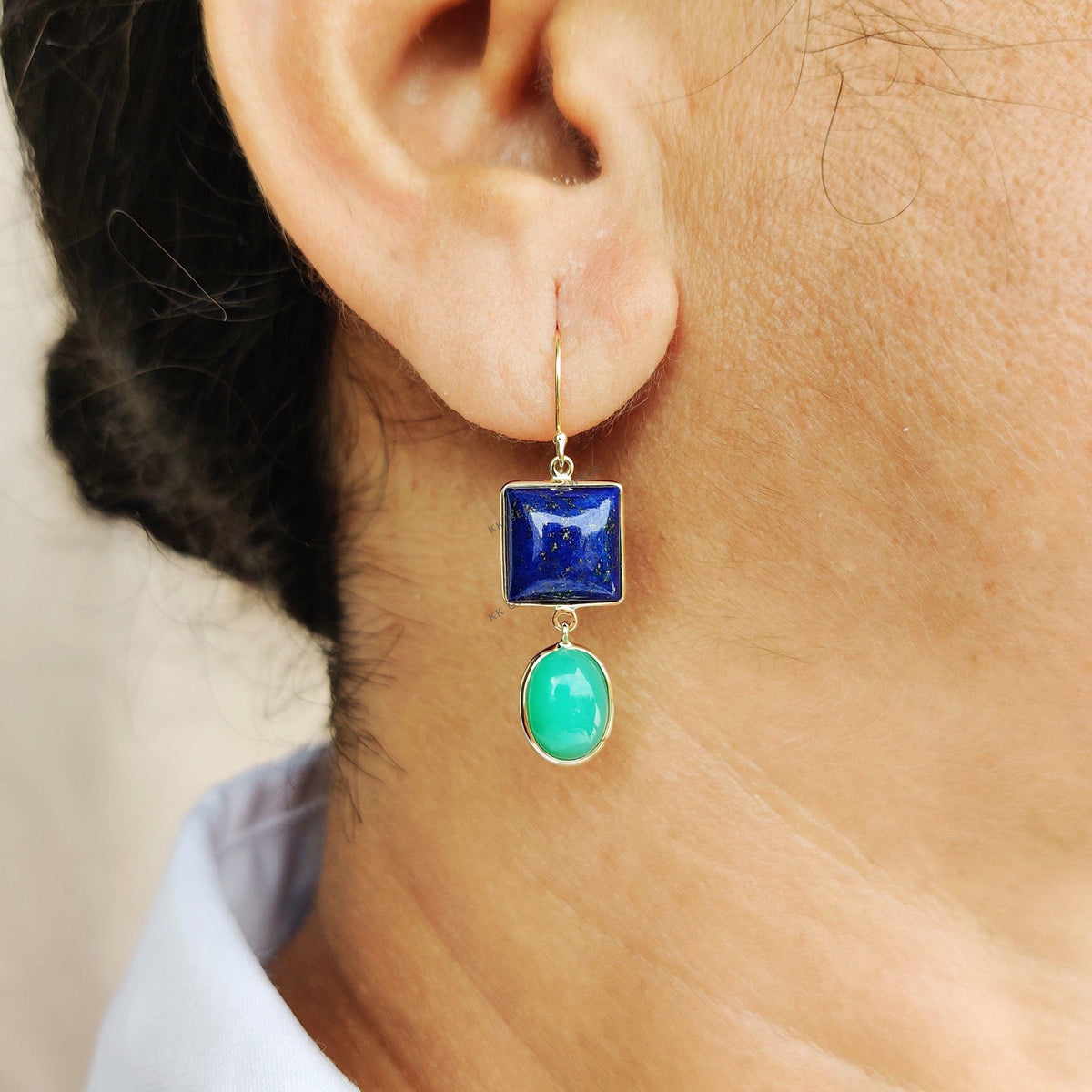 14K Solid Yellow Gold Natural Lapis Lazuli & Chrysoprase Earrings, September Birthstone