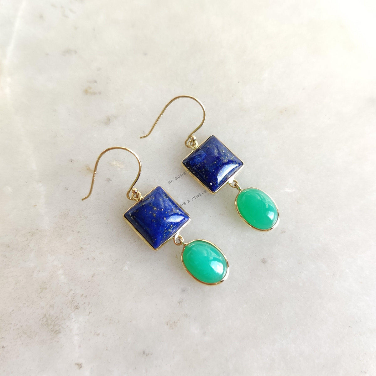 14K Solid Yellow Gold Natural Lapis Lazuli & Chrysoprase Earrings, September Birthstone
