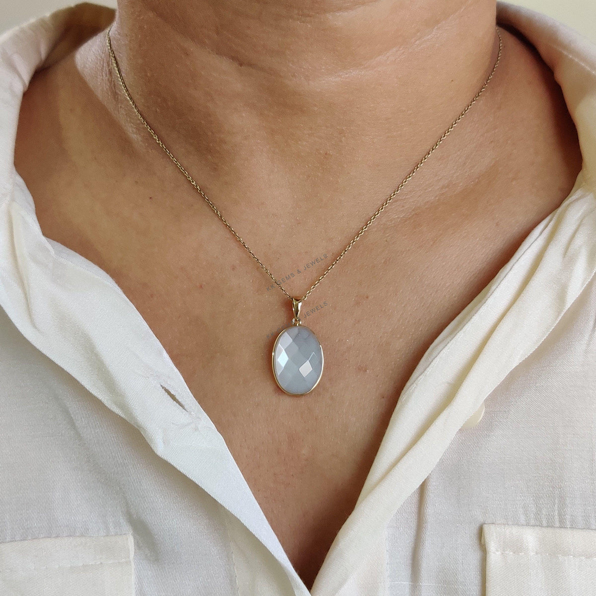 14K Solid Gold Natural White Moonstone Pendant, June Birthstone Jewelry