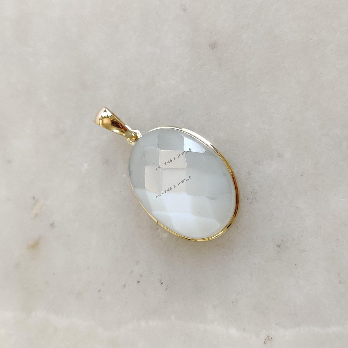 14K Solid Gold Natural White Moonstone Pendant, June Birthstone Jewelry