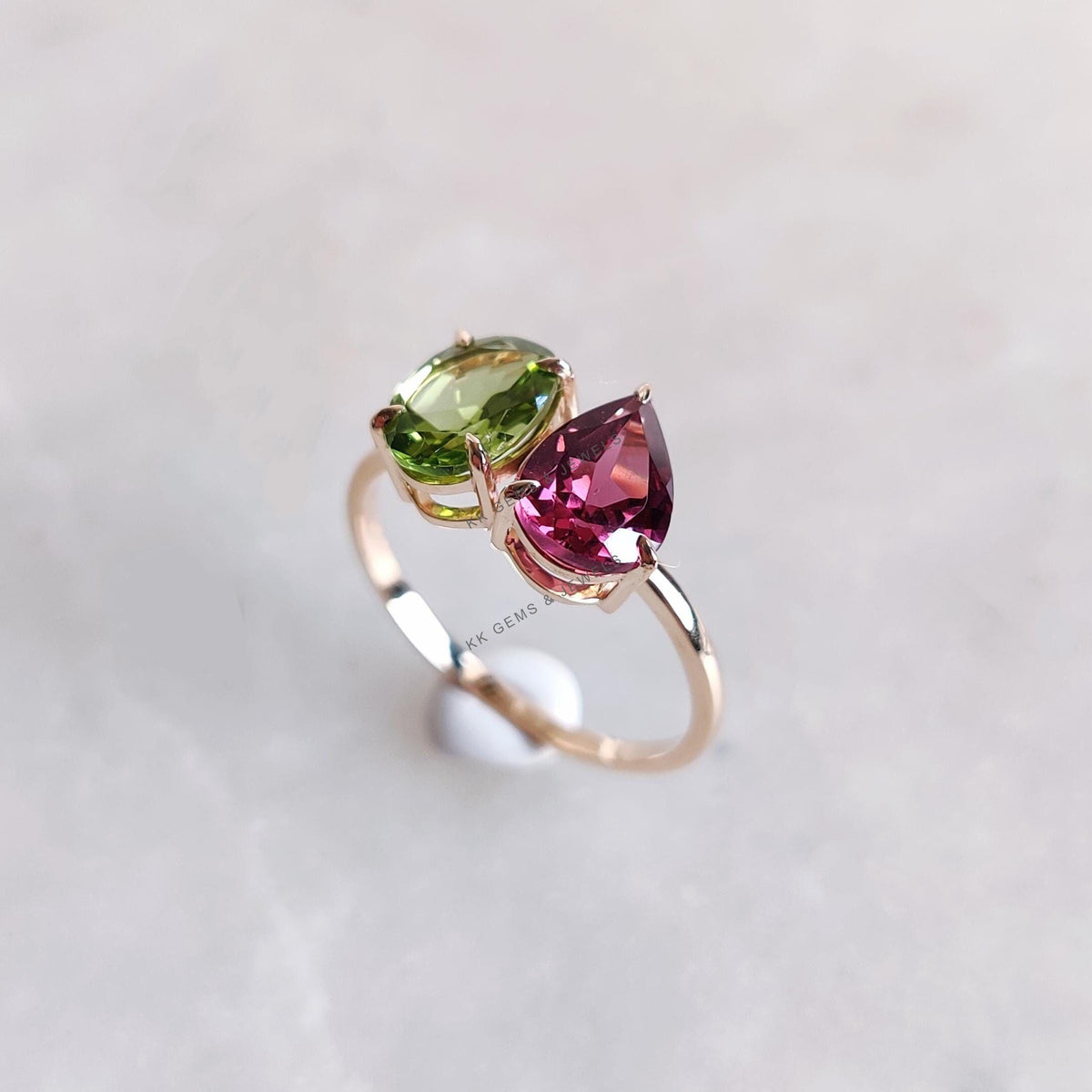14K Solid Yellow Gold Natural Rhodolite Garnet & Peridot Toi et Moi Ring,