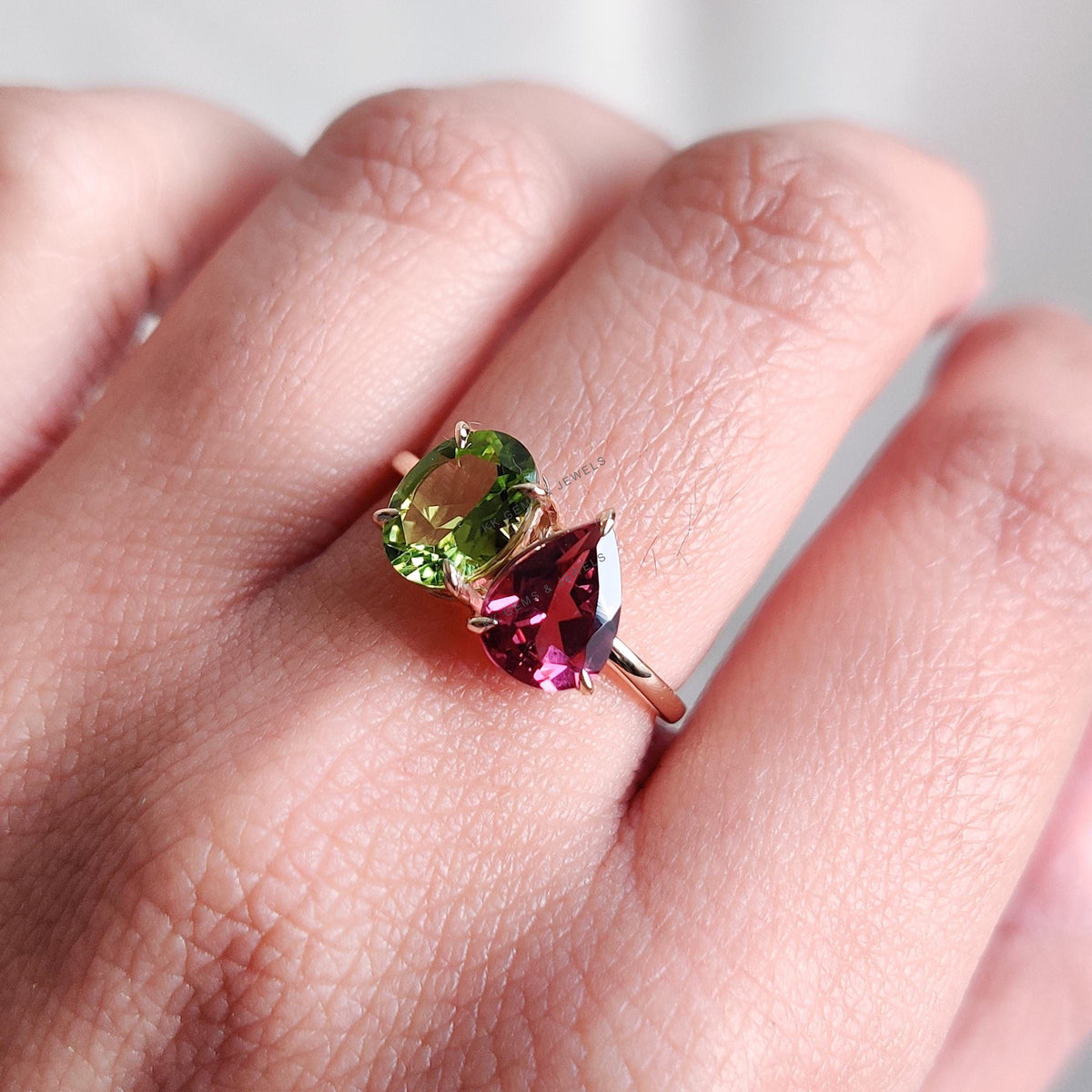 14K Solid Yellow Gold Natural Rhodolite Garnet & Peridot Toi et Moi Ring,