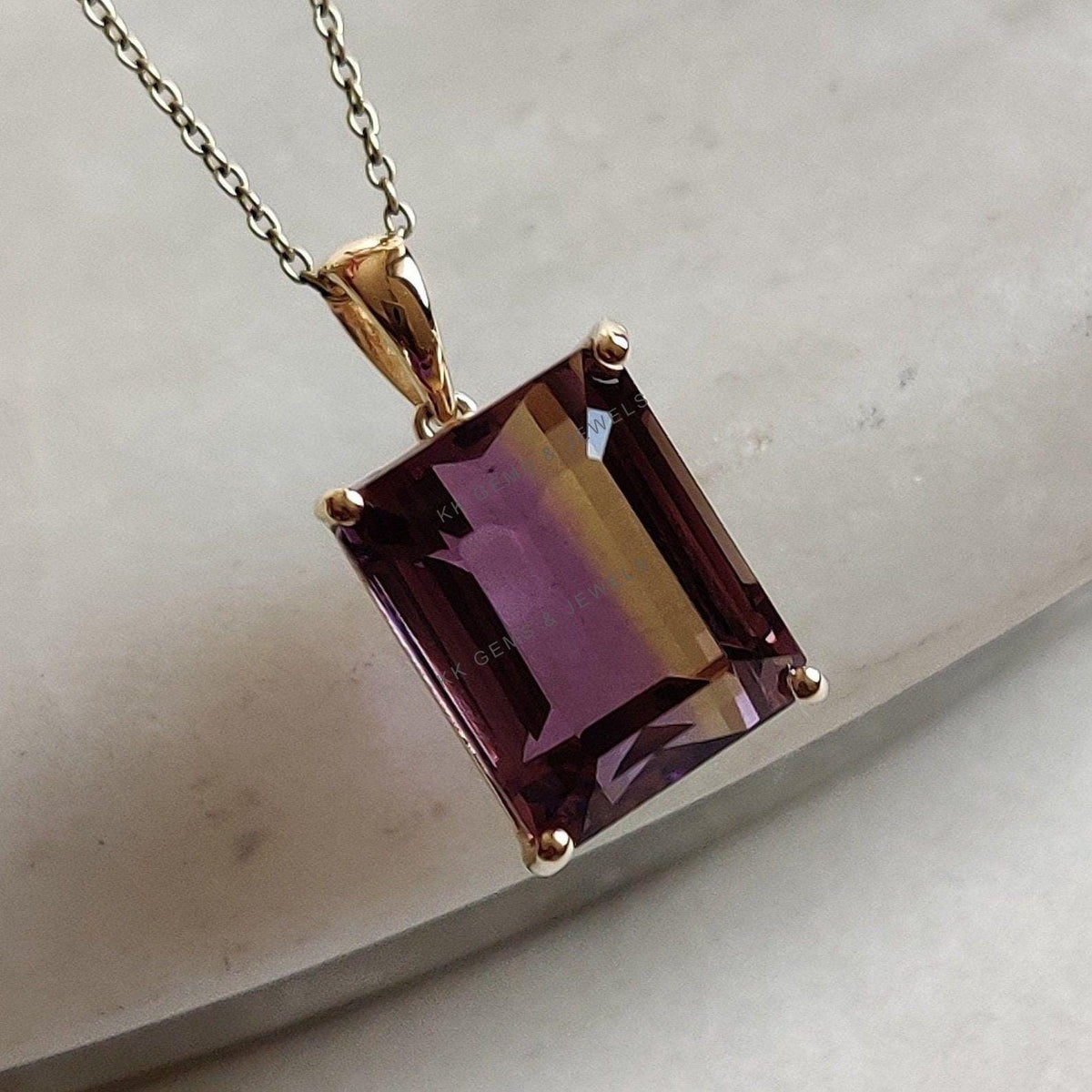 14K Solid Gold Natural Ametrine Pendant: Octagon Cut Gemstone, February November Birthstone