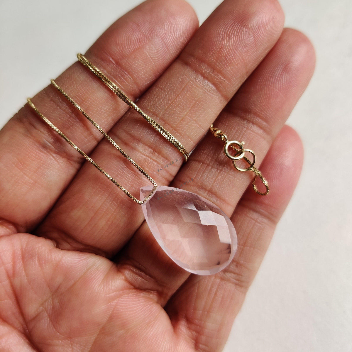 14K Solid Yellow Gold Natural Rose Quartz Drill Chain Necklace, January Birthstone