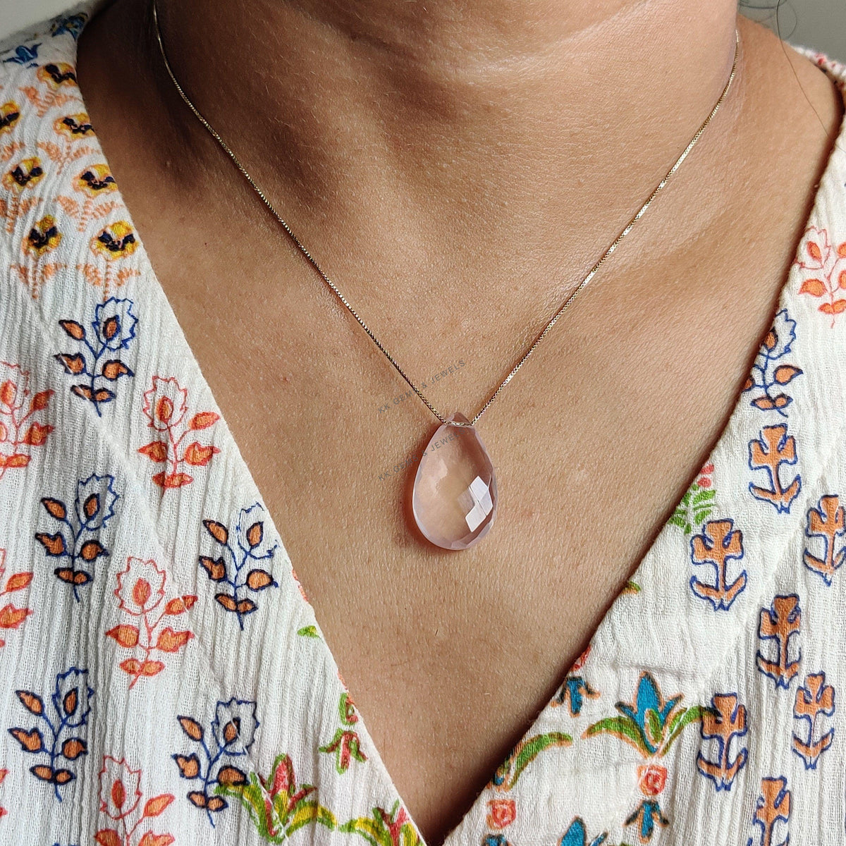 14K Solid Yellow Gold Natural Rose Quartz Drill Chain Necklace, January Birthstone