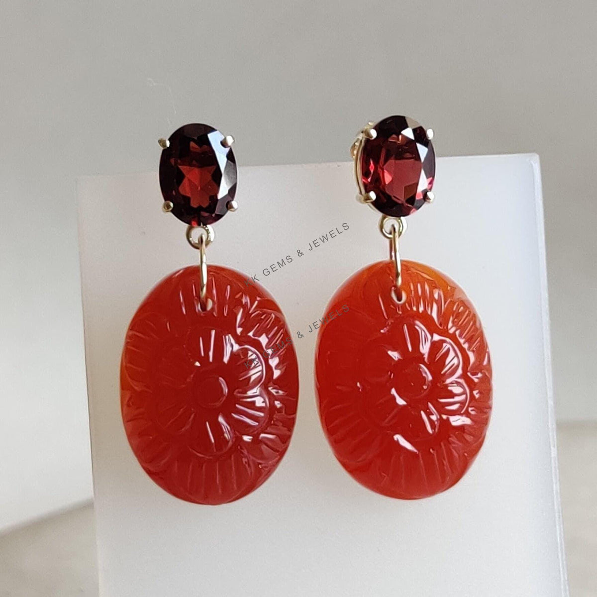 14K Solid Yellow Gold Natural Garnet & Carved Red Onyx Earrings, January Birthstone
