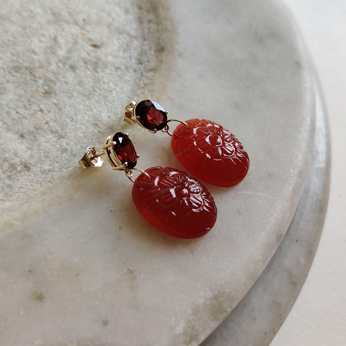 14K Solid Yellow Gold Natural Garnet & Carved Red Onyx Earrings, January Birthstone