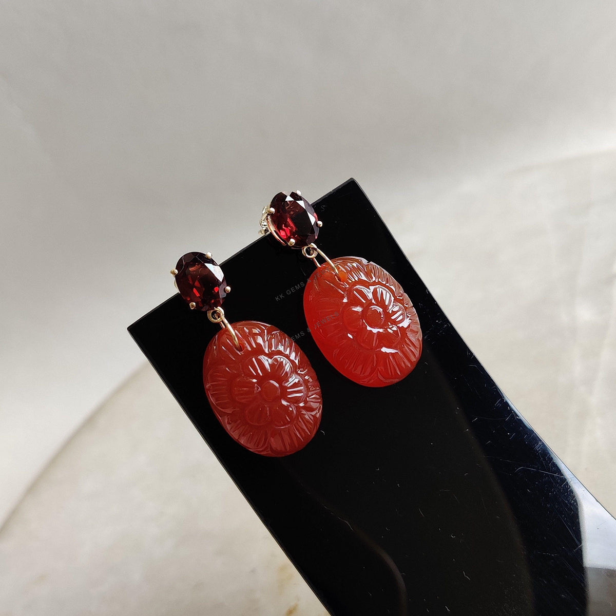 14K Solid Yellow Gold Natural Garnet & Carved Red Onyx Earrings, January Birthstone