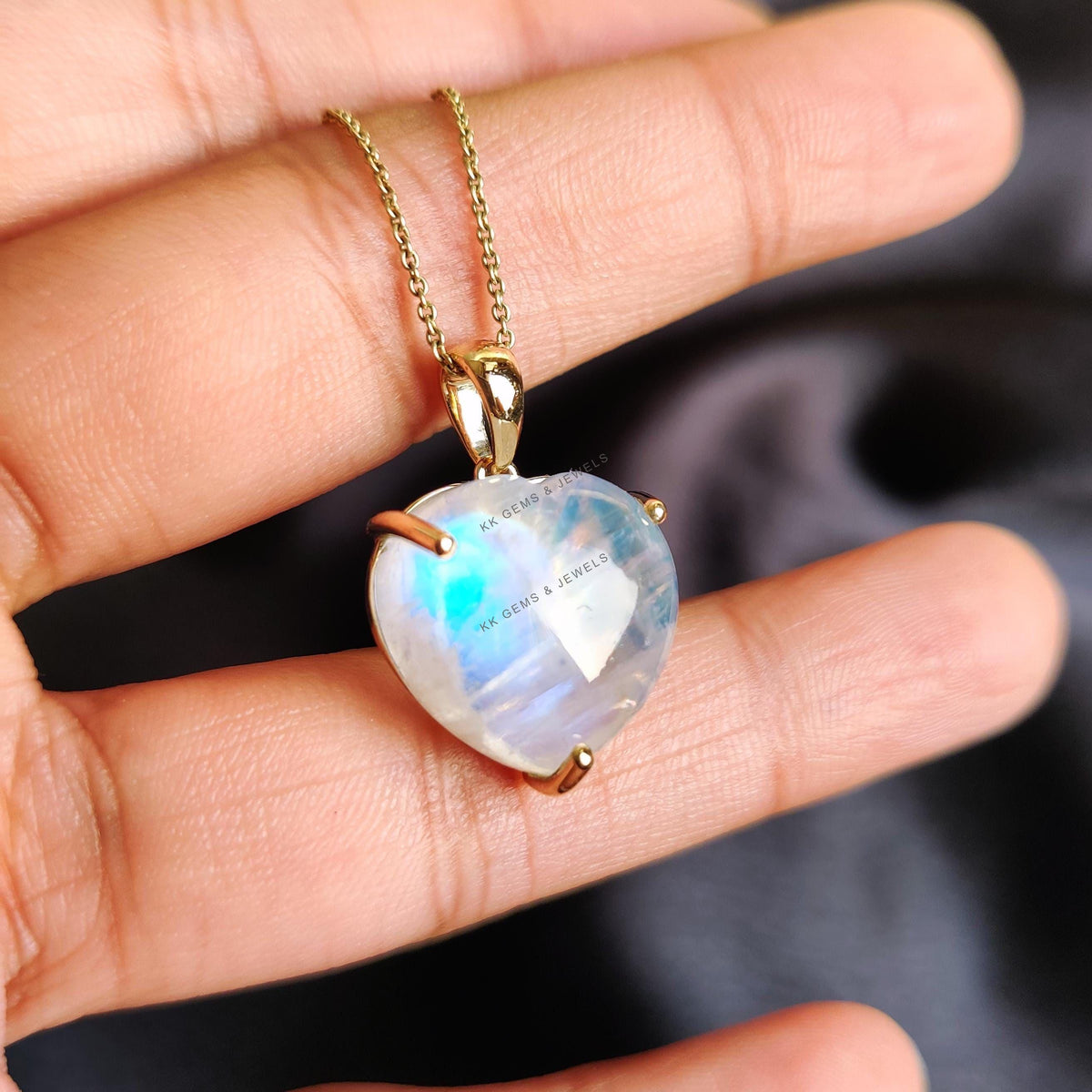 14K Solid Gold Natural Rainbow Moonstone Heart Pendant - June Birthstone