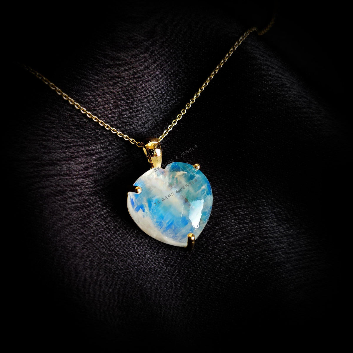 14K Solid Gold Natural Rainbow Moonstone Heart Pendant - June Birthstone