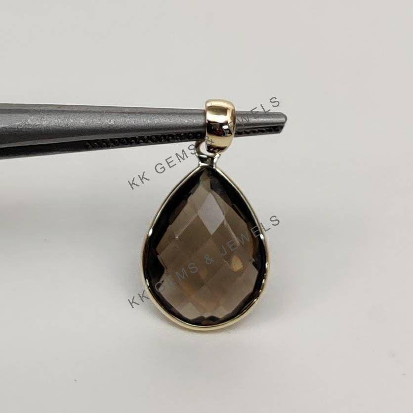 14K Solid Gold Pear Natural Smoky Quartz Pendant - June Birthstone