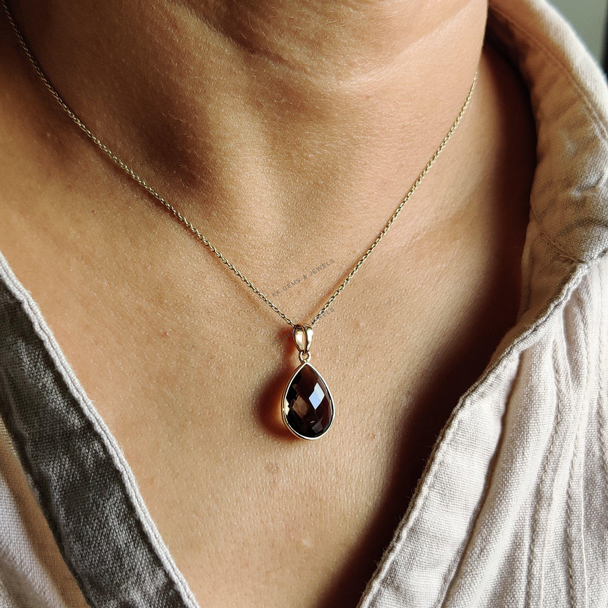 14K Solid Gold Pear Natural Smoky Quartz Pendant - June Birthstone