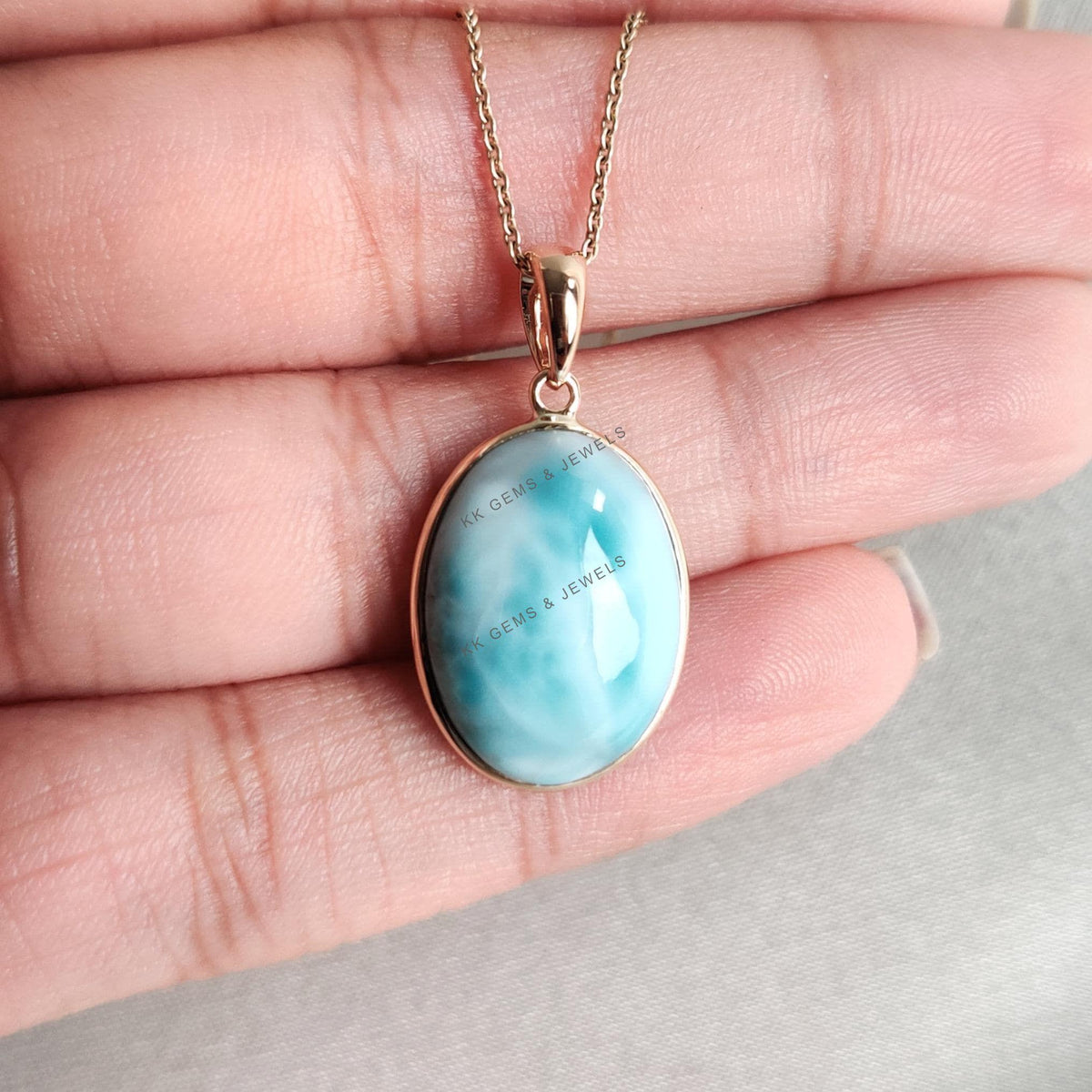 14K Solid Yellow Gold Natural Larimar Pendant: Oval Cabochon, February March Birthstone
