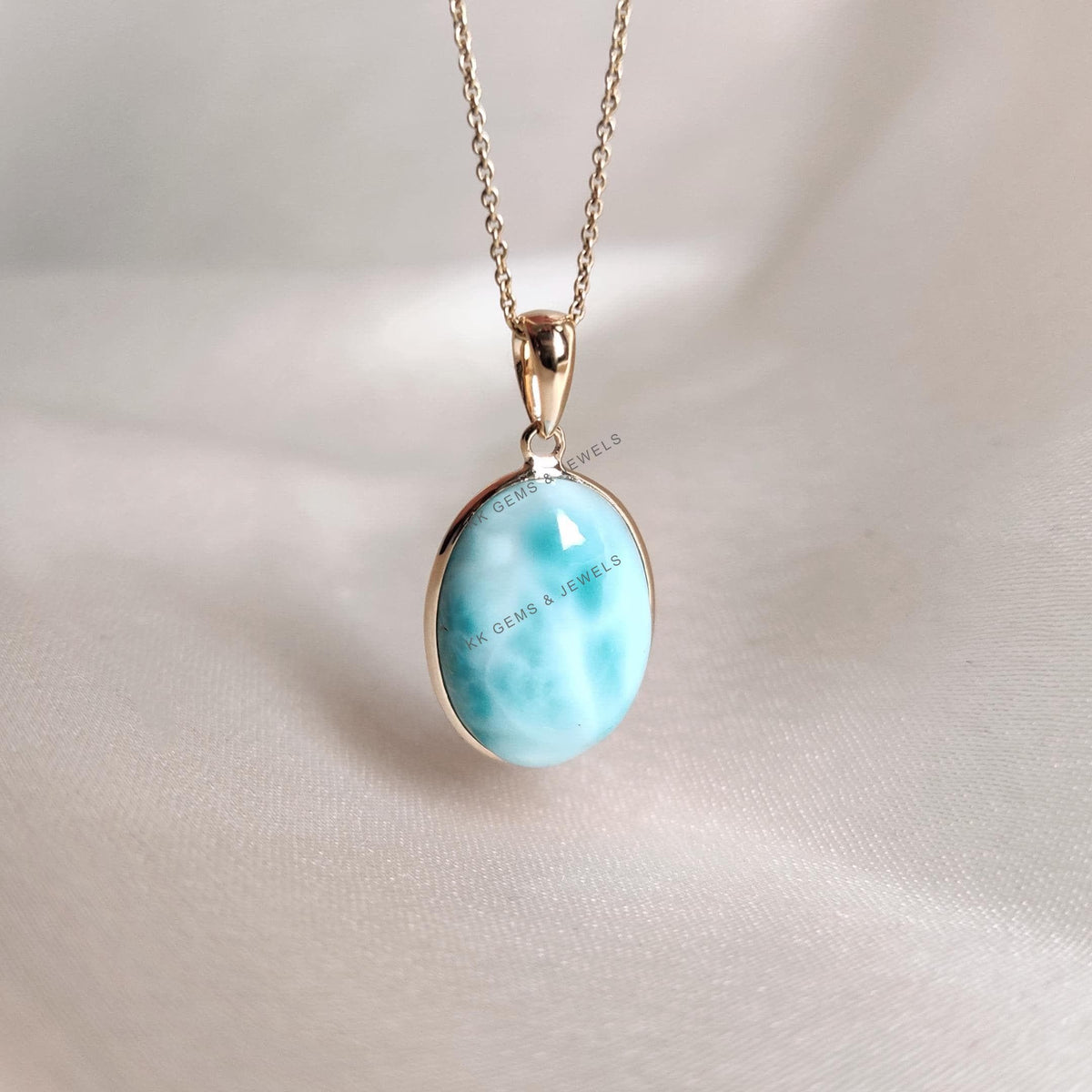14K Solid Yellow Gold Natural Larimar Pendant: Oval Cabochon, February March Birthstone