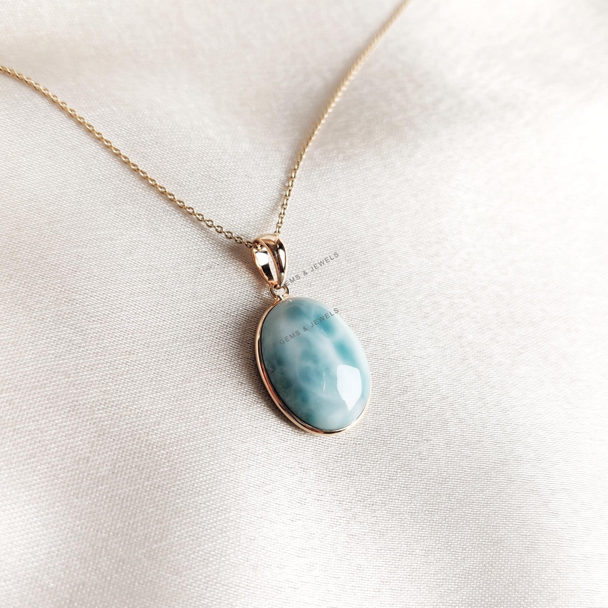 14K Solid Yellow Gold Natural Larimar Pendant: Oval Cabochon, February March Birthstone