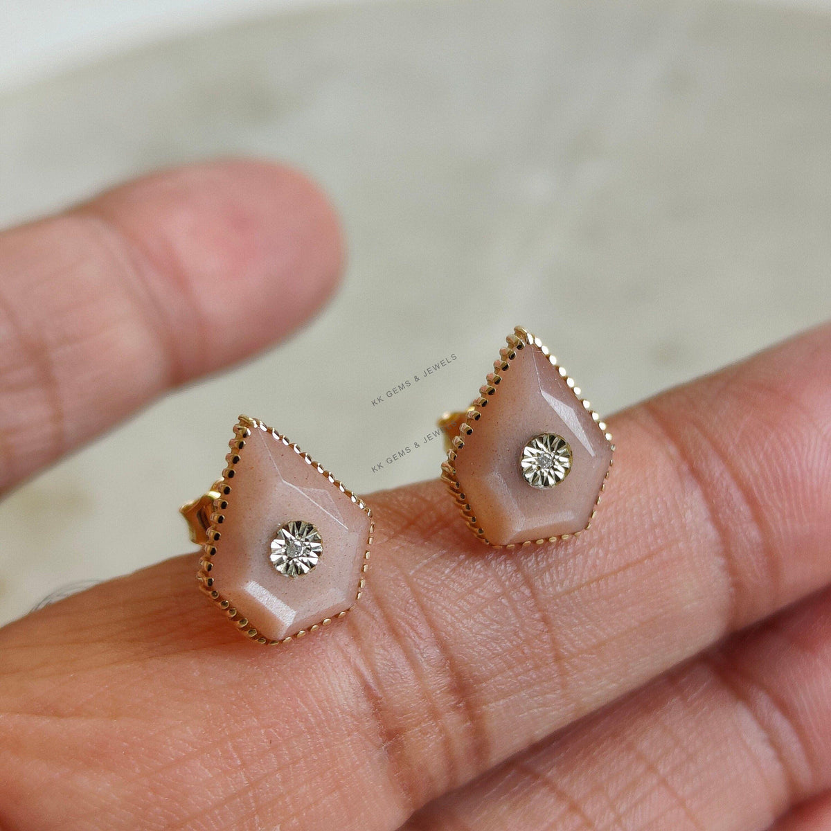 Natural Peach Moonstone & Diamond Studs, 14K Solid Yellow Gold Diamond Jewelry