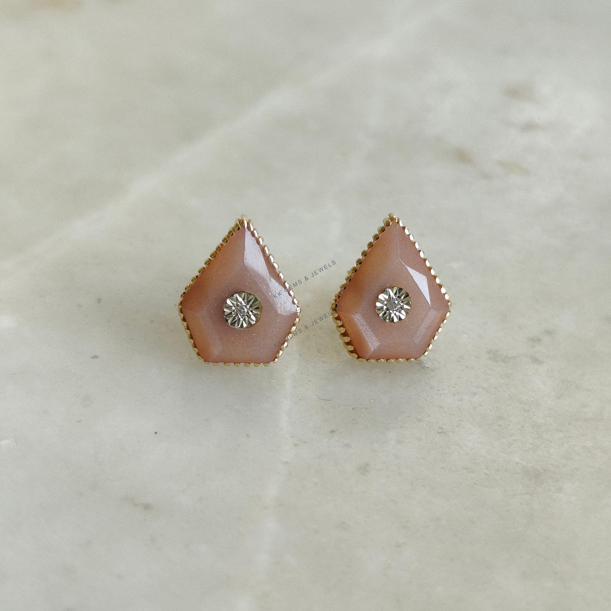 Natural Peach Moonstone & Diamond Studs, 14K Solid Yellow Gold Diamond Jewelry
