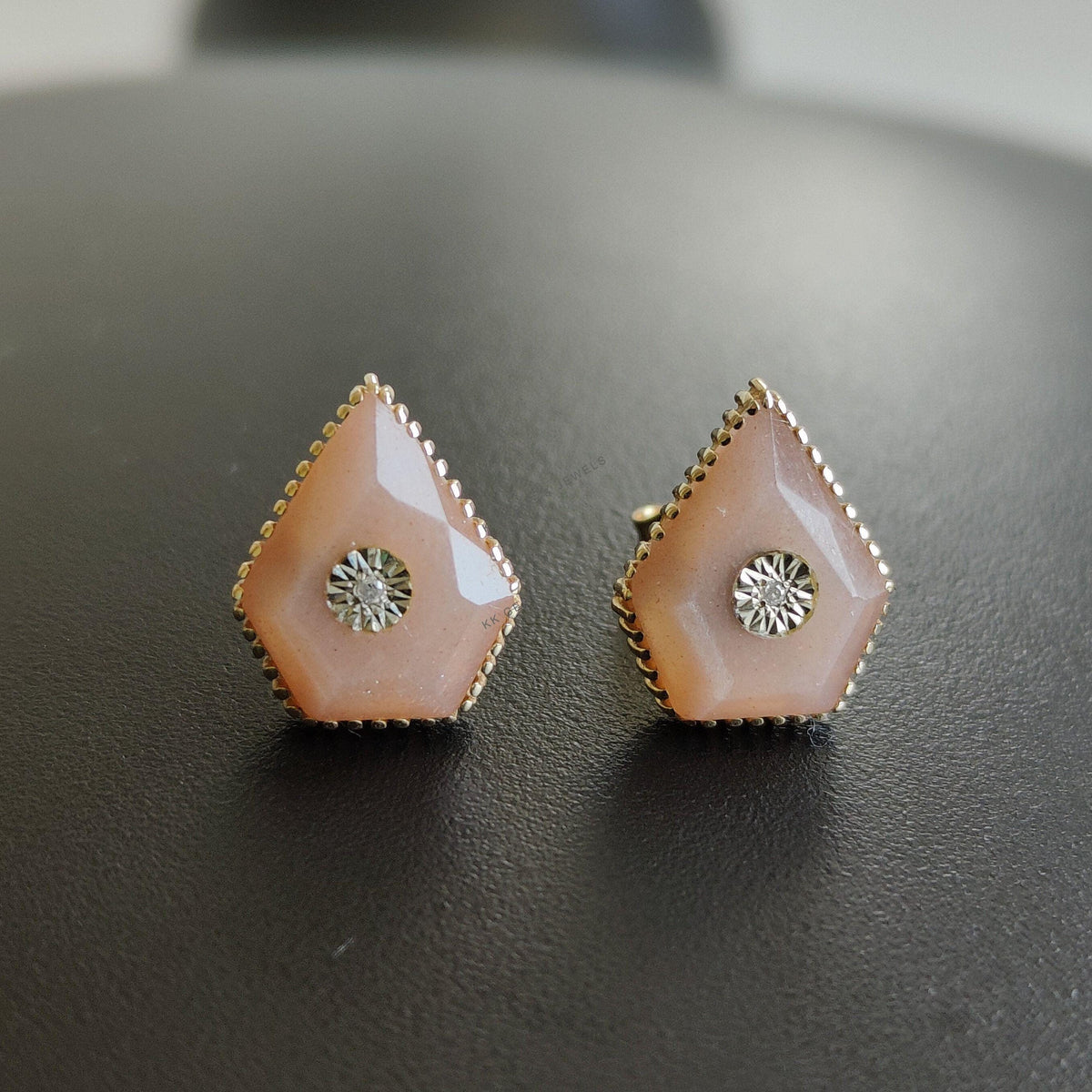 Natural Peach Moonstone & Diamond Studs, 14K Solid Yellow Gold Diamond Jewelry