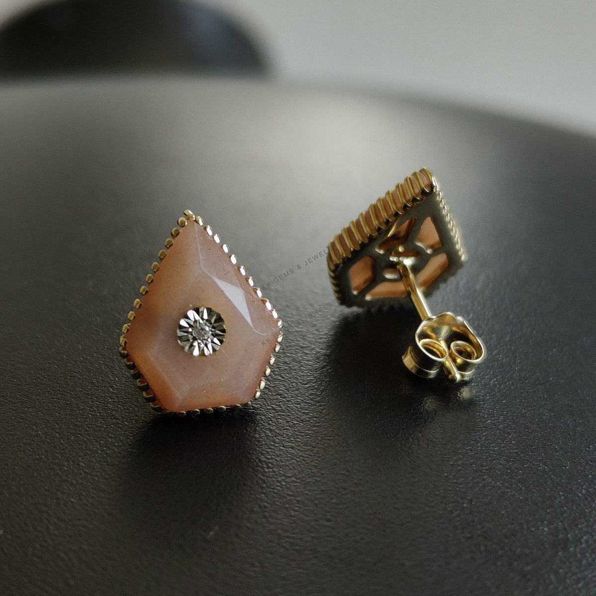 Natural Peach Moonstone & Diamond Studs, 14K Solid Yellow Gold Diamond Jewelry