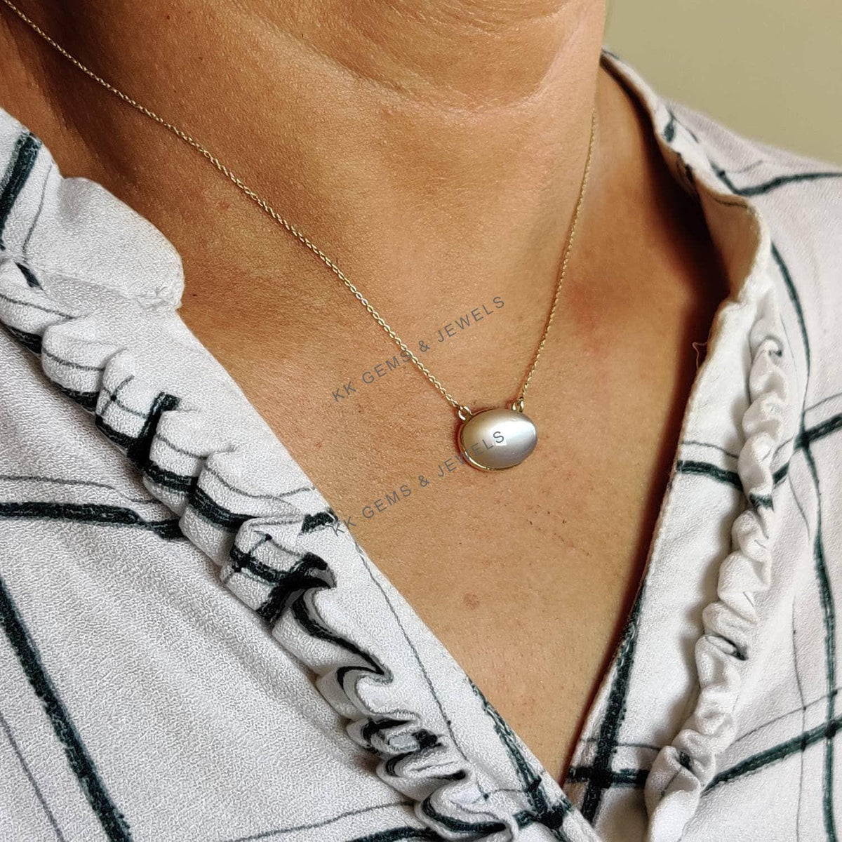 14K Solid Yellow Gold Bezel Natural White Moonstone Pendant, June Birthstone