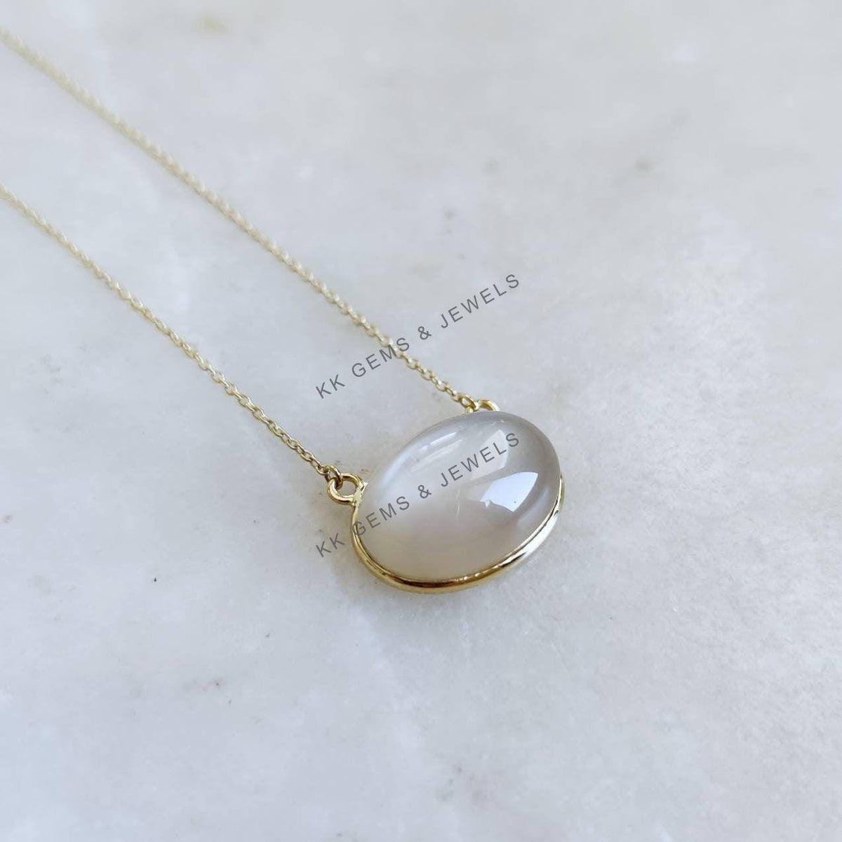 14K Solid Yellow Gold Bezel Natural White Moonstone Pendant, June Birthstone