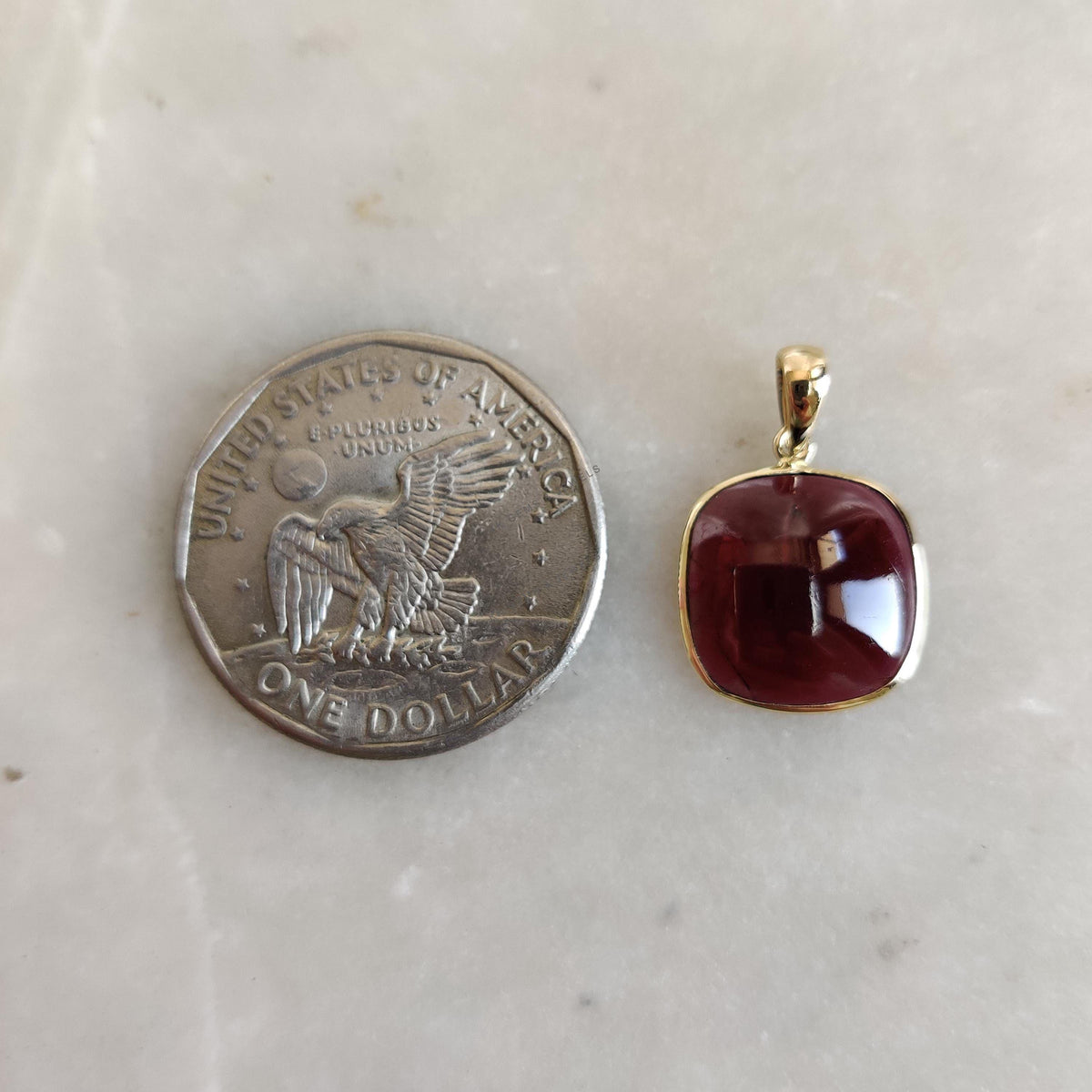 14K Solid Yellow Gold Cushion Natural Garnet Pendant, January Birthstone
