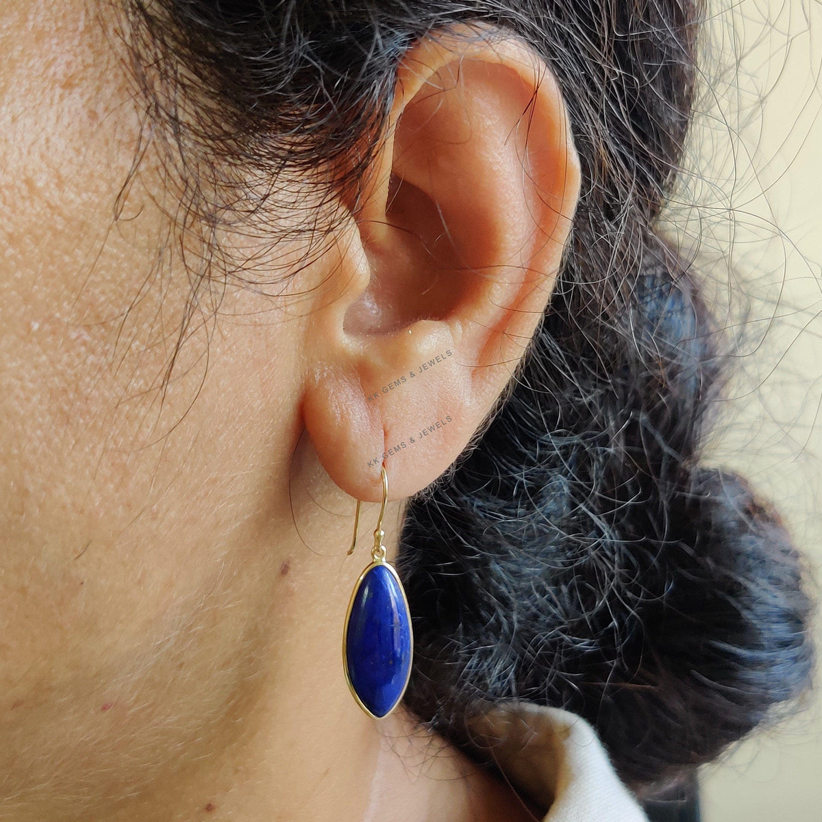 14K Solid Gold Natural Lapis Lazuli Earrings, Bezel Set Marquise Cabochon, September Birthstone