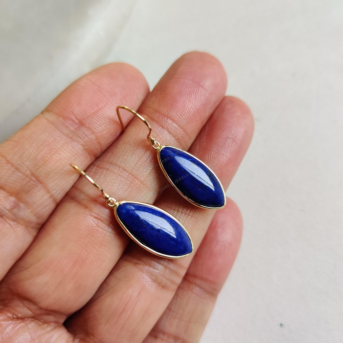 14K Solid Gold Natural Lapis Lazuli Earrings, Bezel Set Marquise Cabochon, September Birthstone