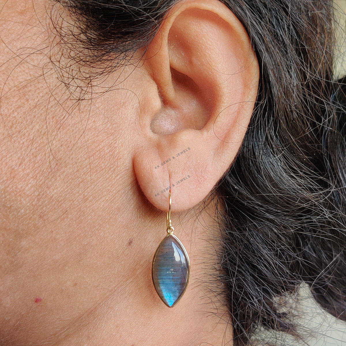 14K Solid Yellow Gold Natural Labradorite Bezel Drop Earrings, November Birthstone, Christmas Present