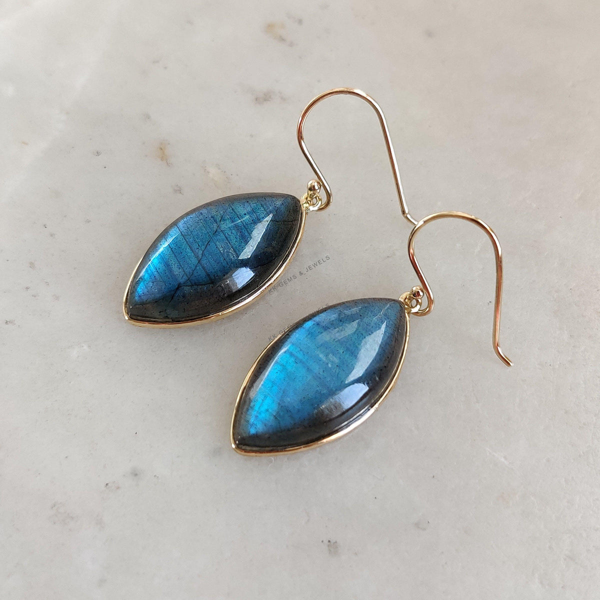 14K Solid Yellow Gold Natural Labradorite Bezel Drop Earrings, November Birthstone, Christmas Present