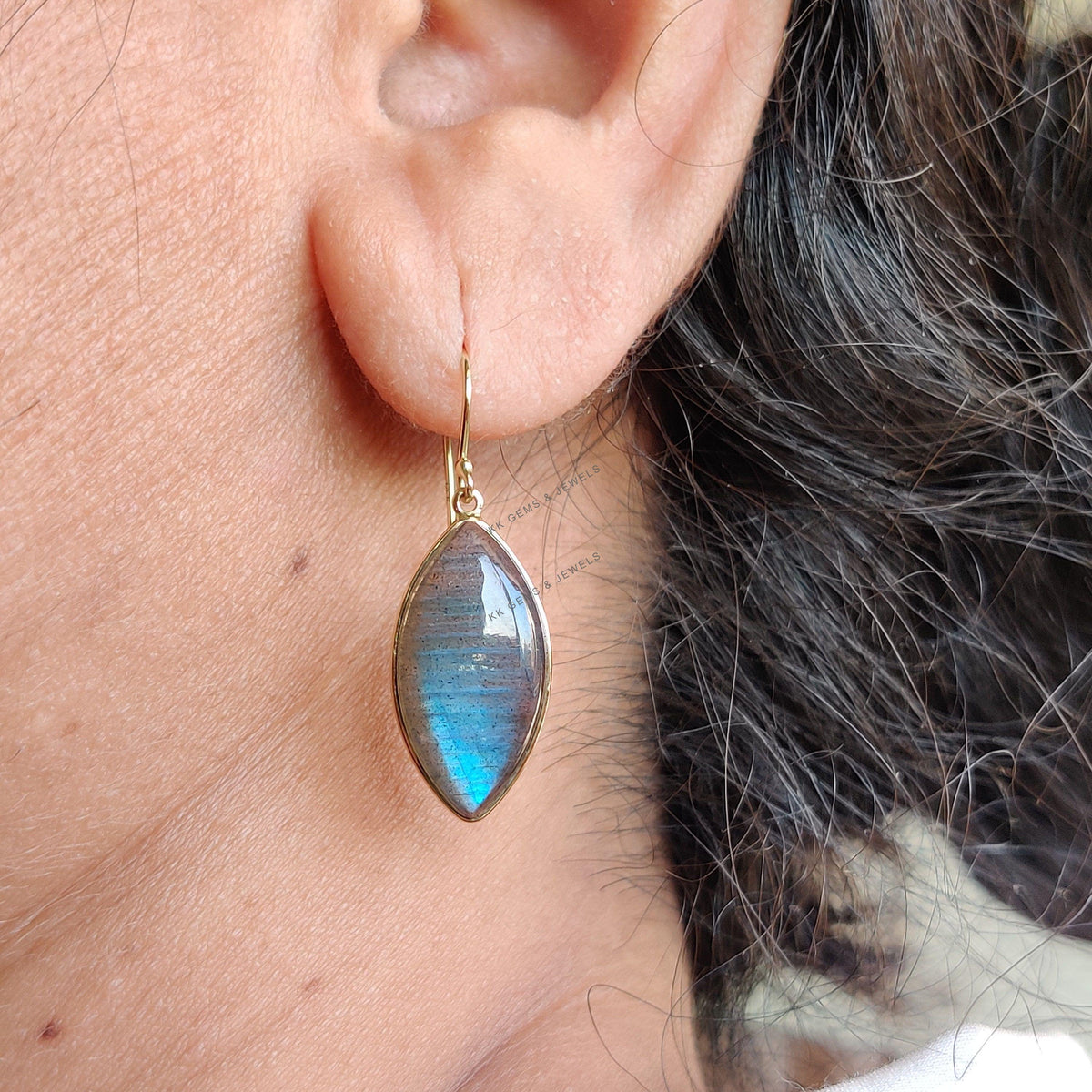 14K Solid Yellow Gold Natural Labradorite Bezel Drop Earrings, November Birthstone, Christmas Present