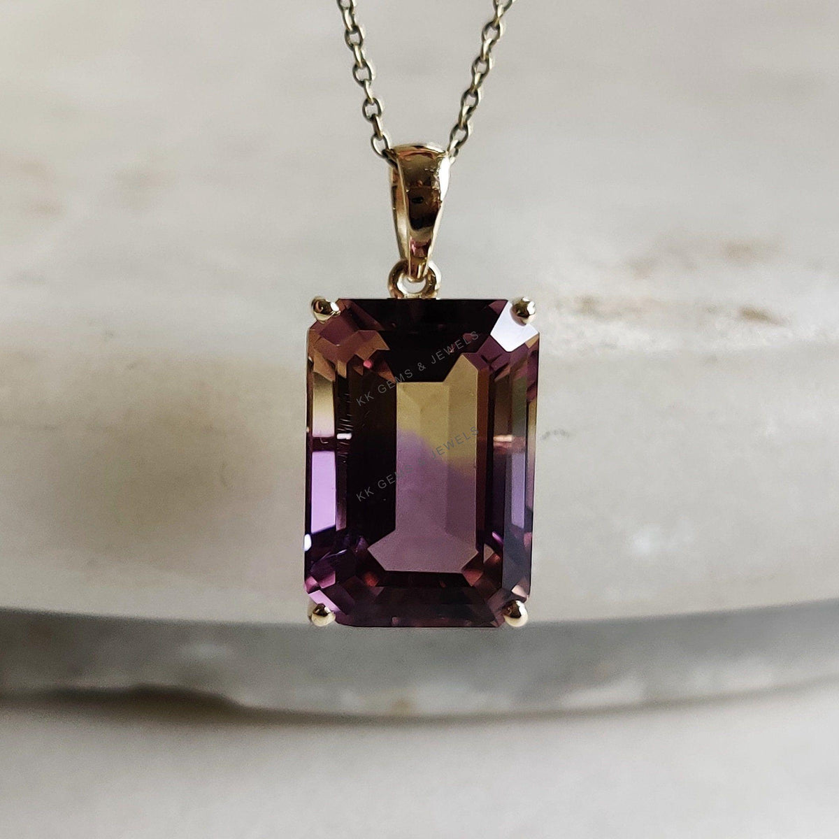 14K Solid Gold Natural Ametrine Pendant, Octagon Gemstone, February November Birthstone