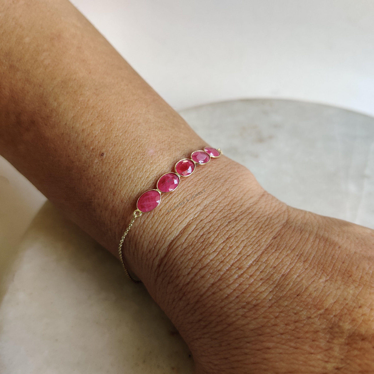 14K Solid Yellow Gold Natural Ruby Chain Bracelet, July Birthstone