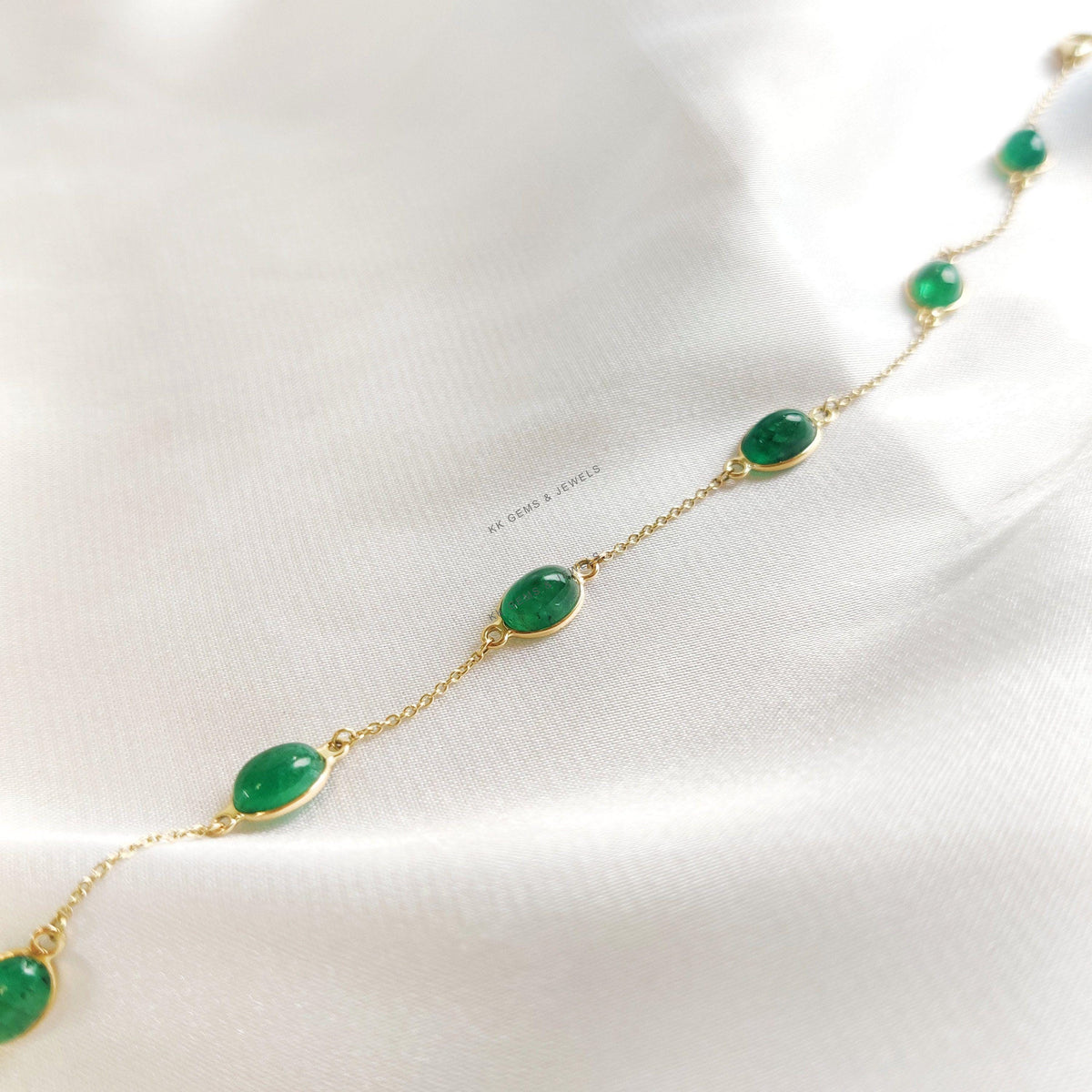 Natural Emerald 14K Solid Yellow Gold Chain Bracelet, May Birthstone