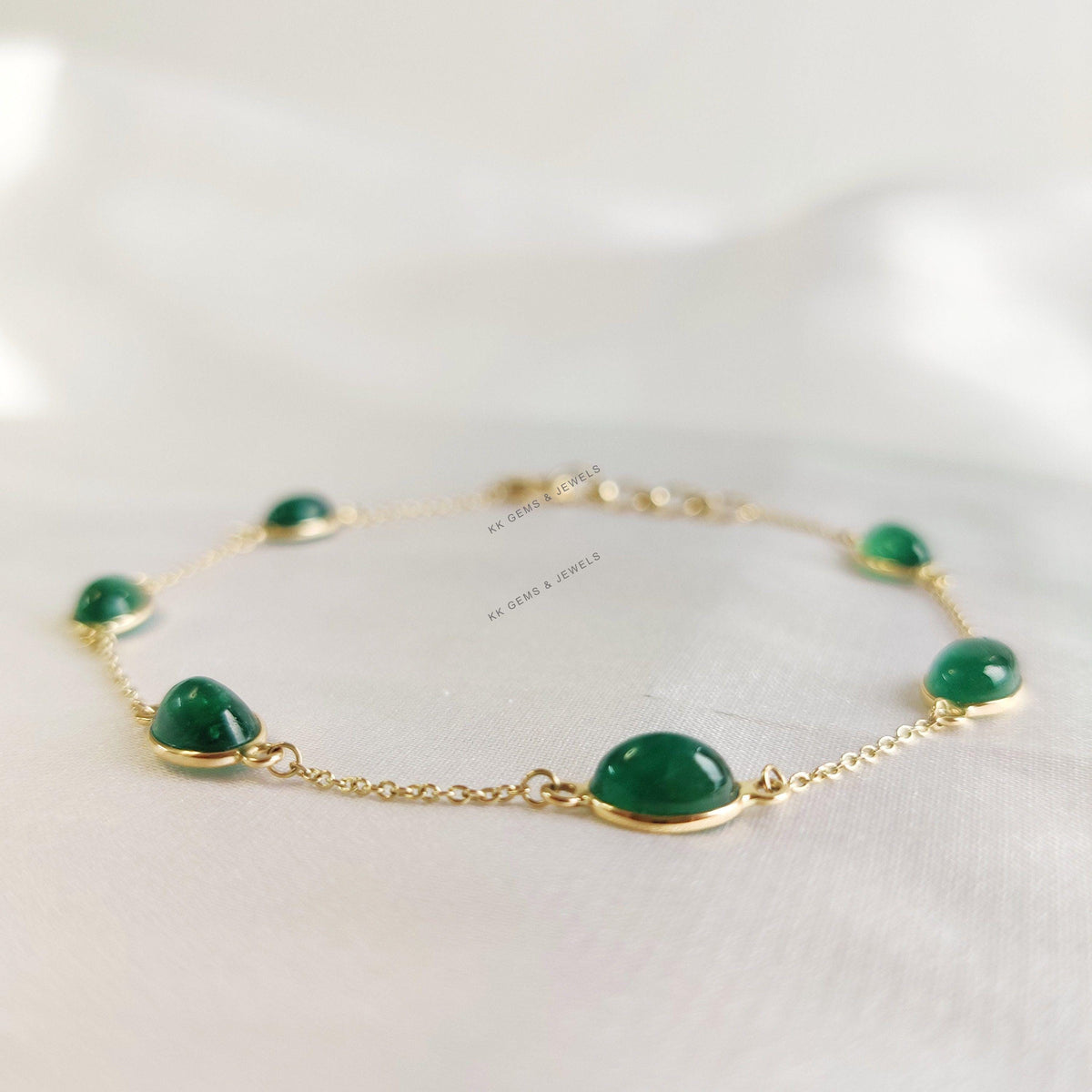 Natural Emerald 14K Solid Yellow Gold Chain Bracelet, May Birthstone