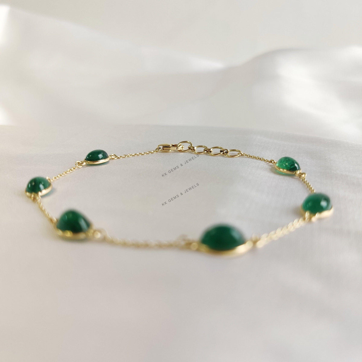 Natural Emerald 14K Solid Yellow Gold Chain Bracelet, May Birthstone