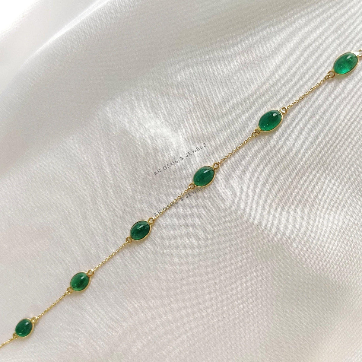 Natural Emerald 14K Solid Yellow Gold Chain Bracelet, May Birthstone