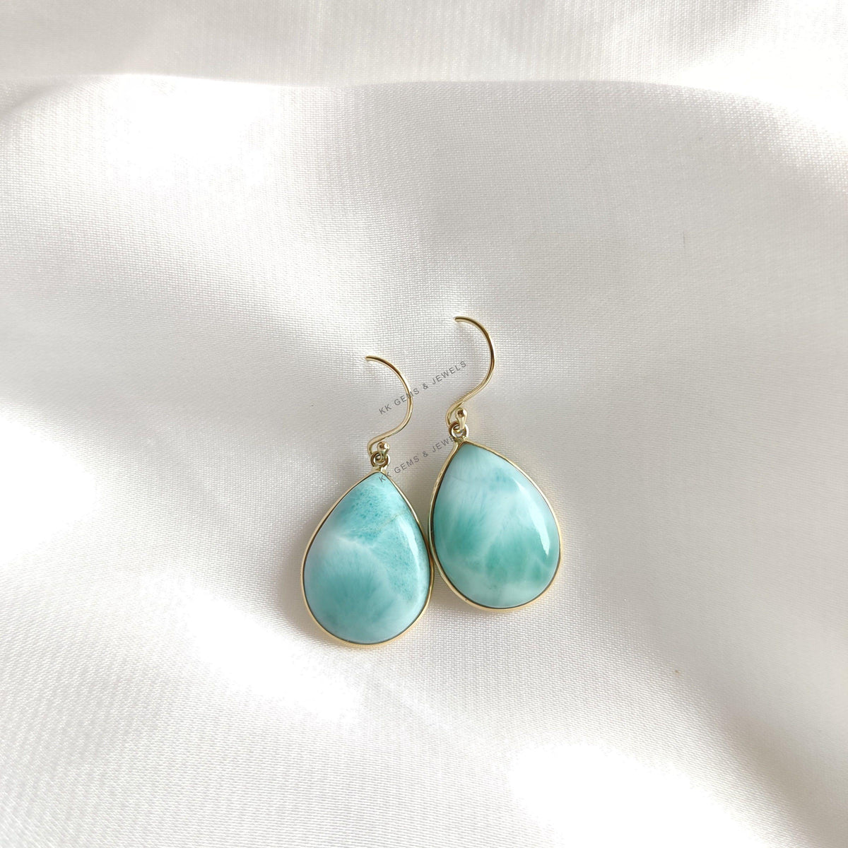 Natural Larimar Drop Earrings, 14K Solid Yellow Gold, Bezel Set