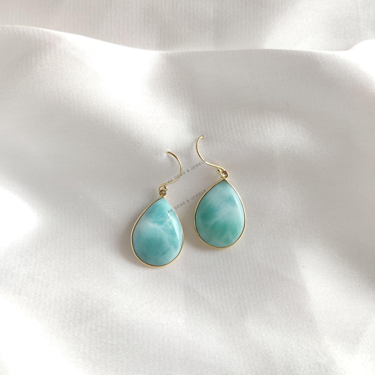 Natural Larimar Drop Earrings, 14K Solid Yellow Gold, Bezel Set