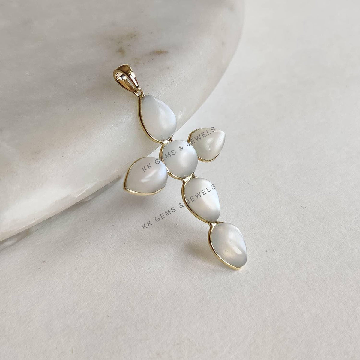 14K Solid Gold Natural White Moonstone Cross Pendant, June Birthstone