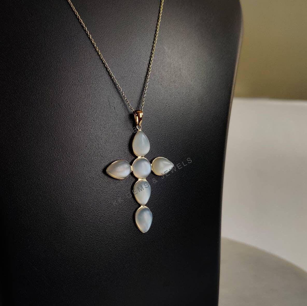 14K Solid Gold Natural White Moonstone Cross Pendant, June Birthstone