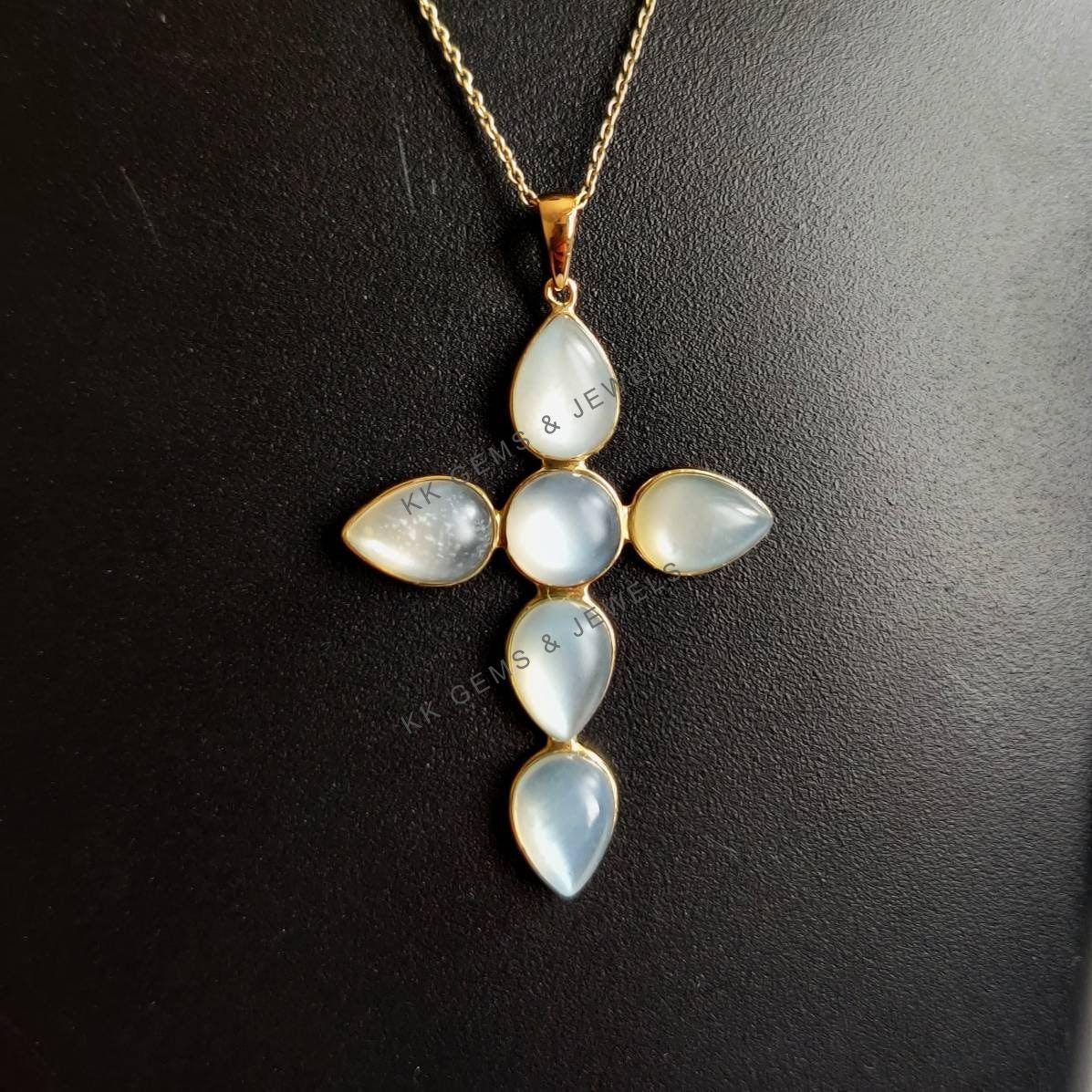 14K Solid Gold Natural White Moonstone Cross Pendant, June Birthstone