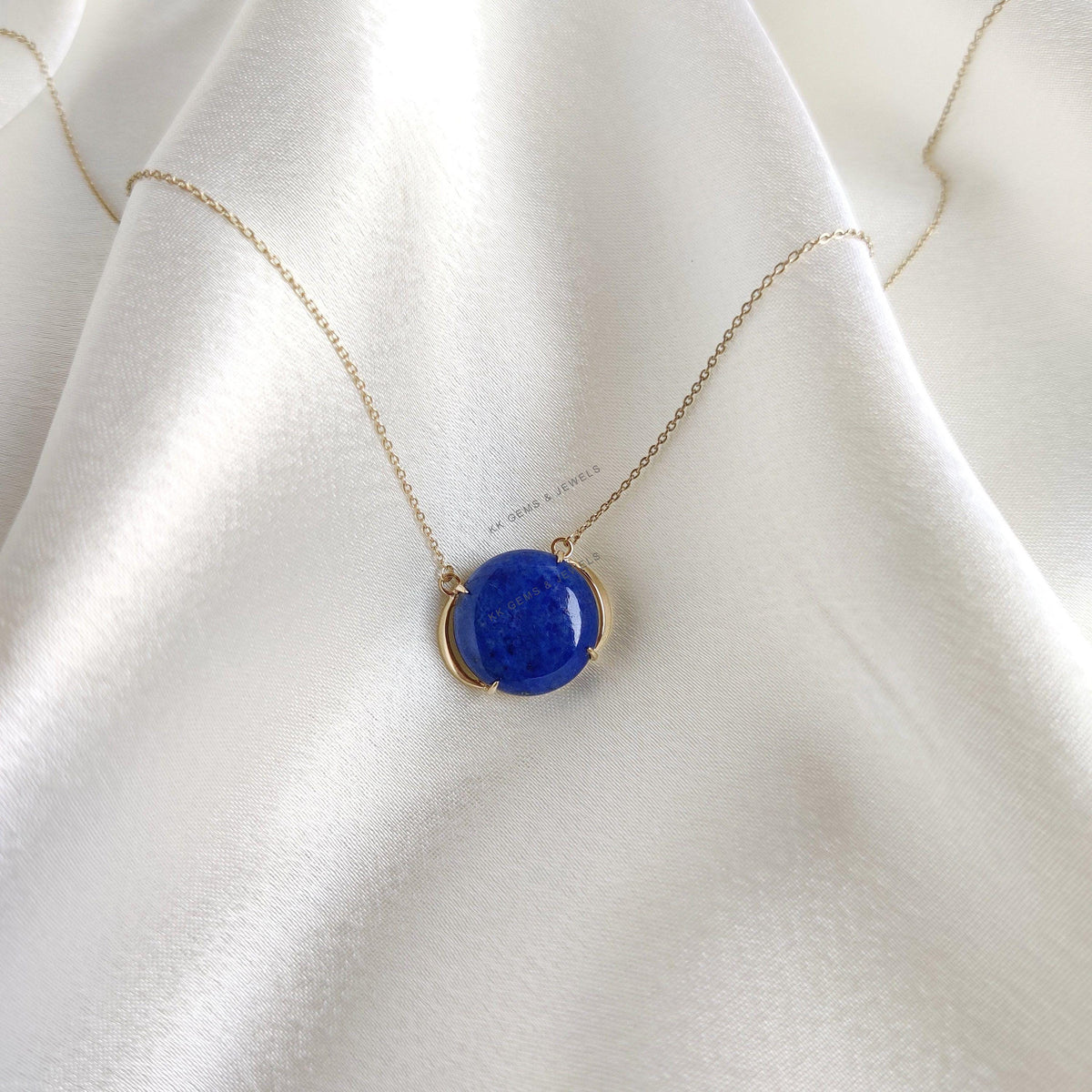 14K Solid Gold Natural Lapis Lazuli Pendant Necklace, September Birthstone