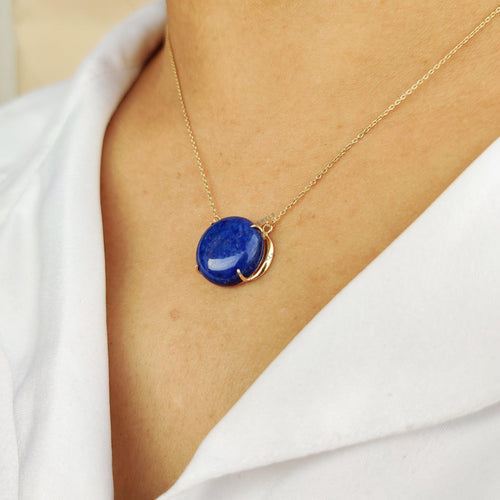 14K Solid Gold Natural Lapis Lazuli Pendant Necklace, September Birthstone