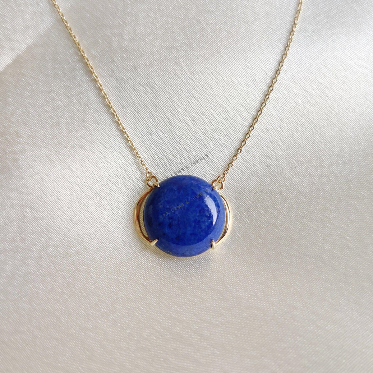 14K Solid Gold Natural Lapis Lazuli Pendant Necklace, September Birthstone