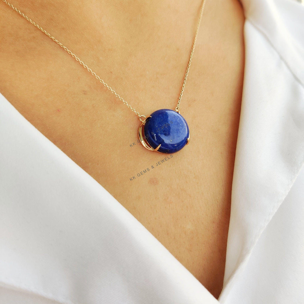 14K Solid Gold Natural Lapis Lazuli Pendant Necklace, September Birthstone