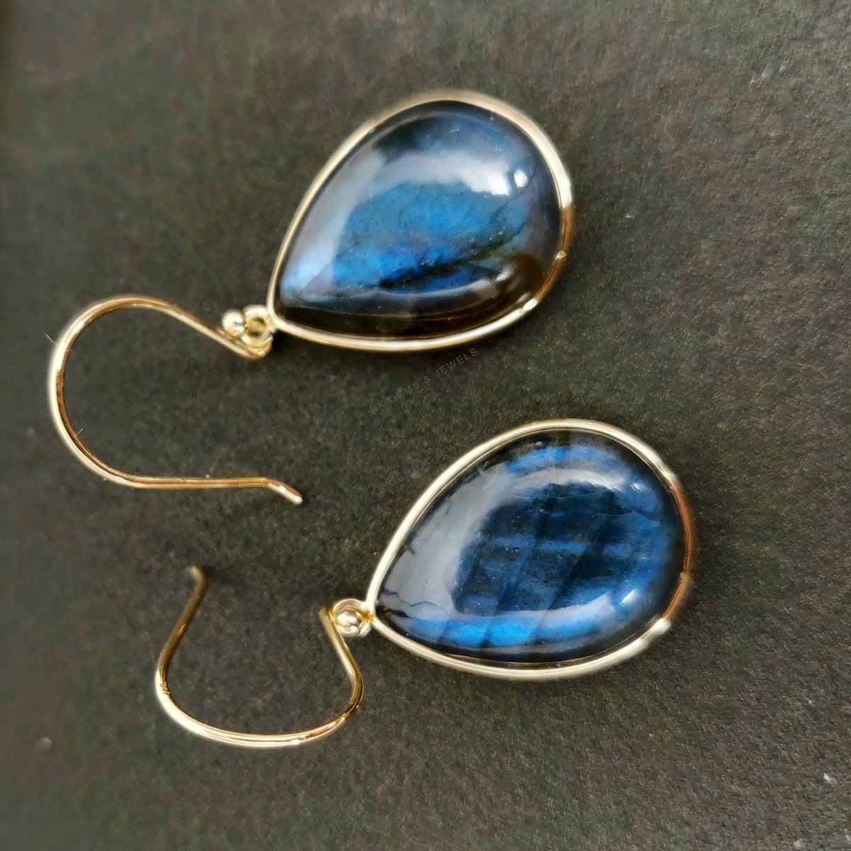 Natural Labradorite Earrings, 14K Solid Yellow Gold Bezel, August Birthstone