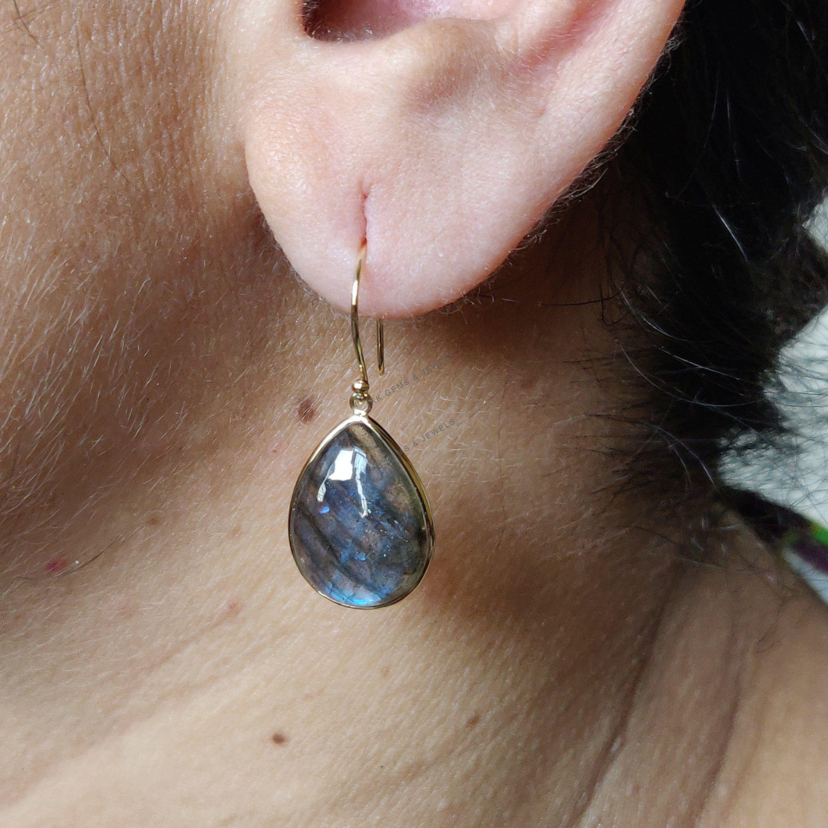 Natural Labradorite Earrings, 14K Solid Yellow Gold Bezel, August Birthstone