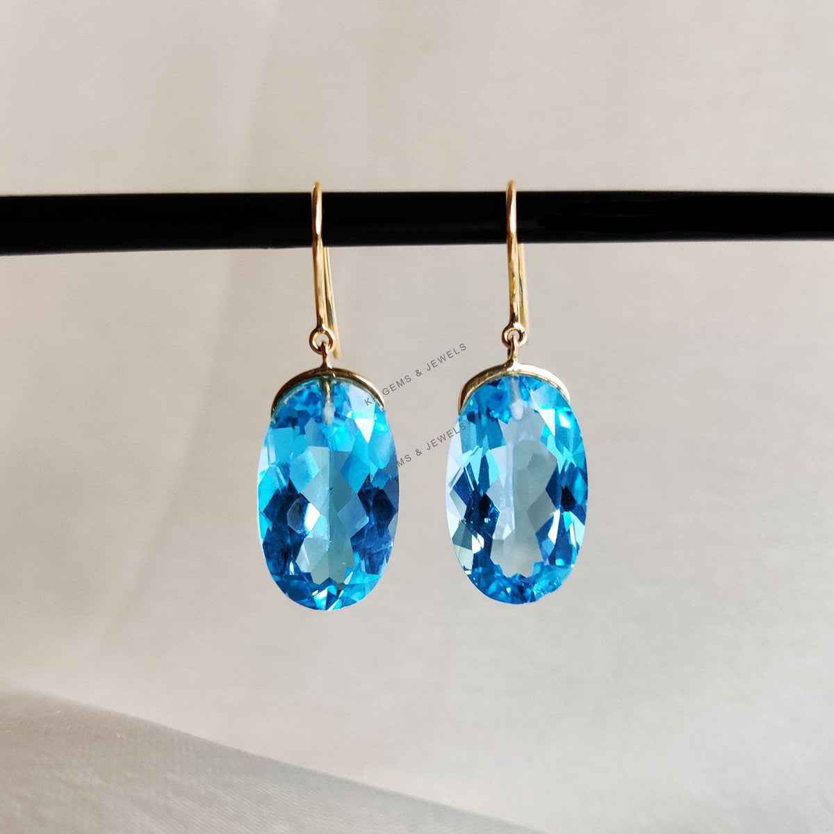 14K Solid Yellow Gold Natural Swiss Blue Topaz Earrings, Oval December Birthstone
